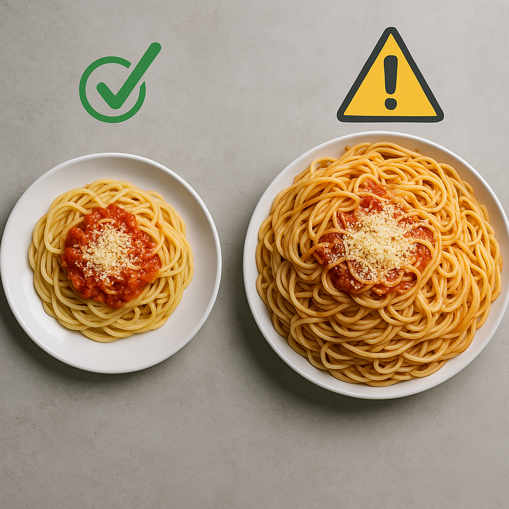 Two spaghetti dishes: left smaller with check mark, right larger with caution symbol. Both have tomato sauce and cheese.