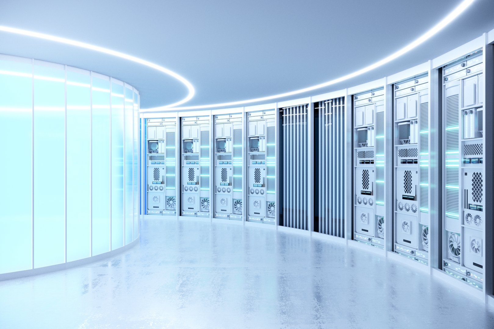 3d illustration. Concept interior of a AI data center or server