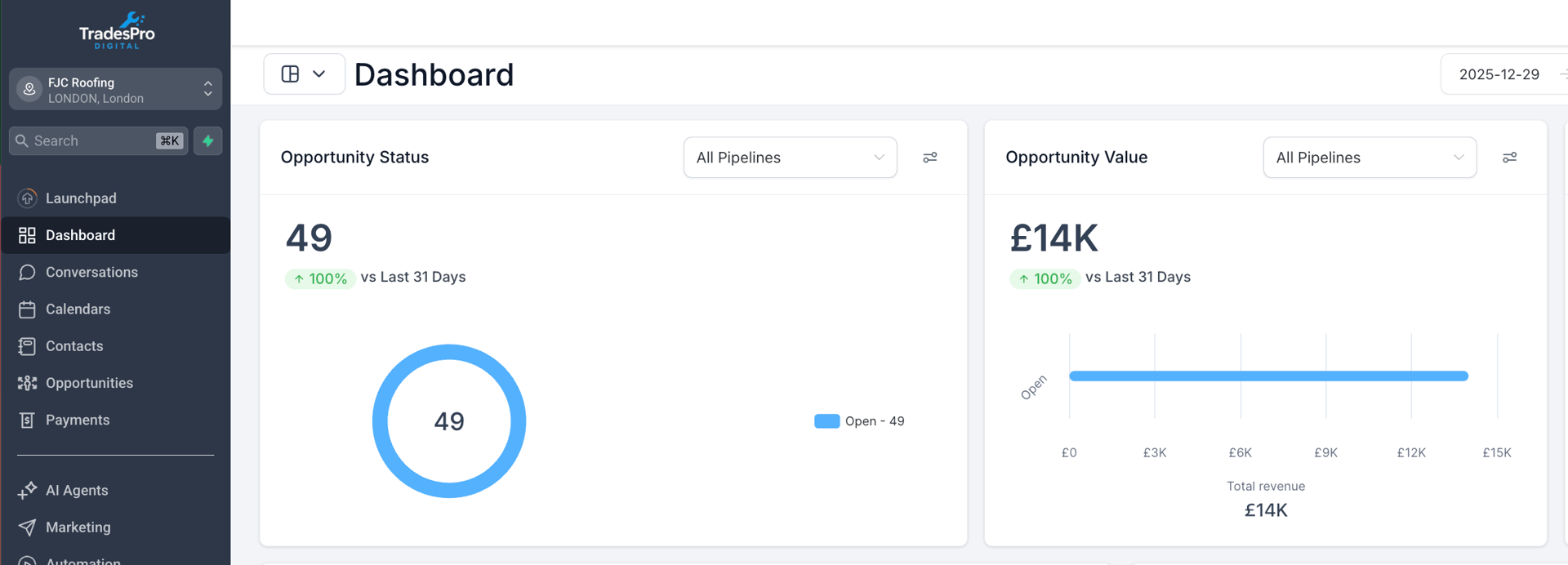 CRM dashboard showing tracked roofing leads