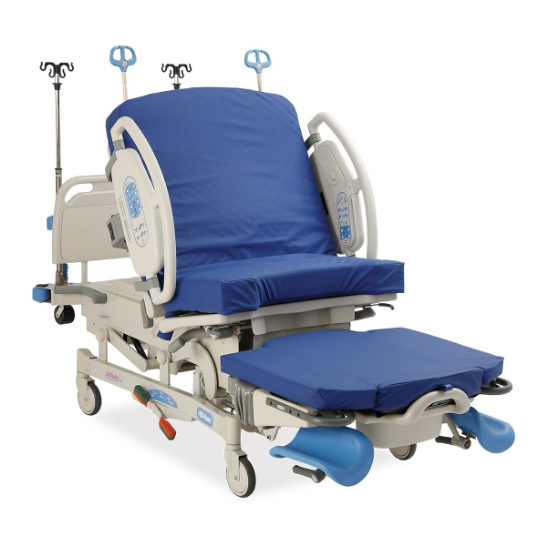 Hospital bed with blue padding, adjustable backrest, armrests, and wheels. Equipped with IV poles and control panels.