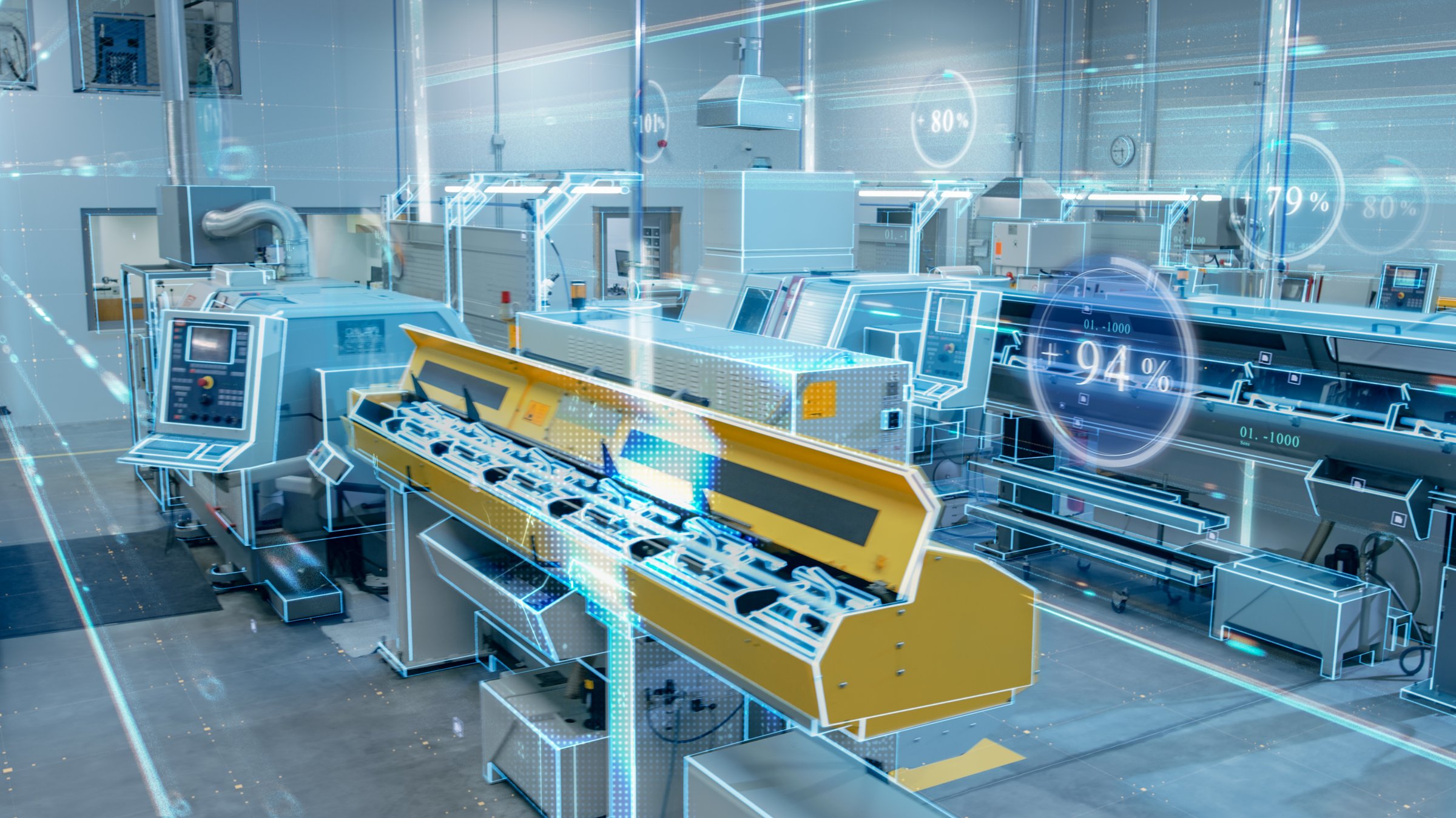 Futuristic Design: Factory Digitalization with Information Lines Lying Through the High-Tech Modern Electronics Facility. CNC Automatic Machinery Manufacturing Products Using IoT Industry 4.0