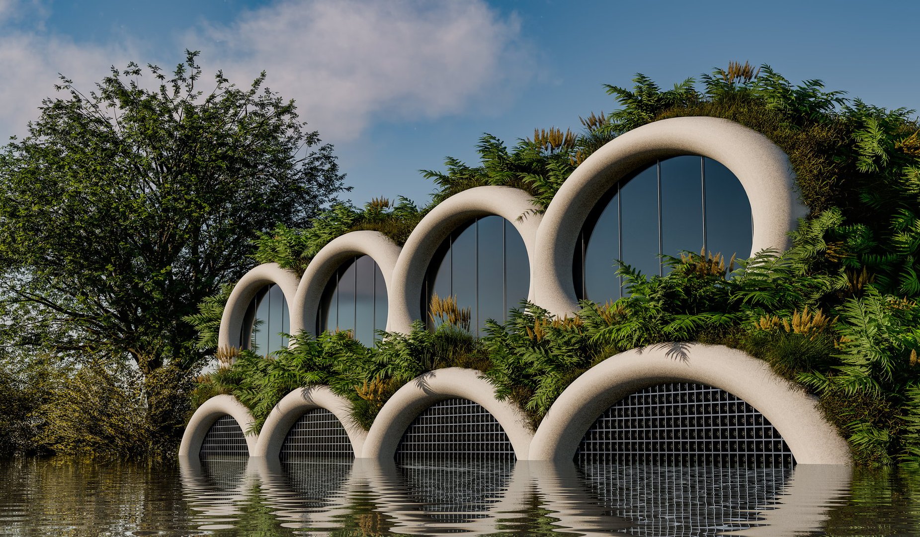 Futuristic green-roofed architecture on waterfront or Lake. Eco-friendly building. Sustainable architecture, green building, environmental design, nature integration - 3d Illustration