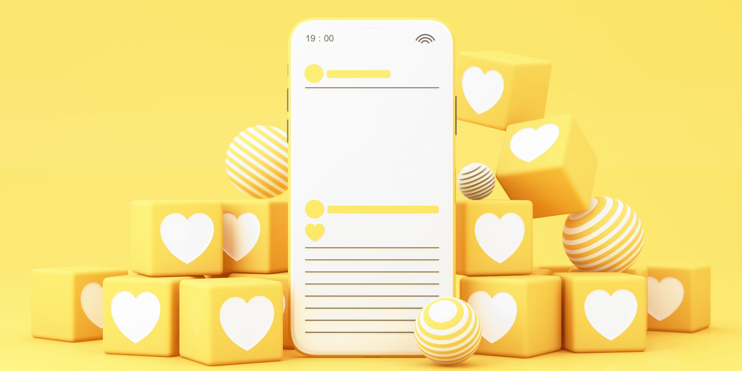 Minimalist social media interface on a smartphone screen, surrounded by floating heart icons and geometric shapes in a bright yellow theme. 3d rendering.