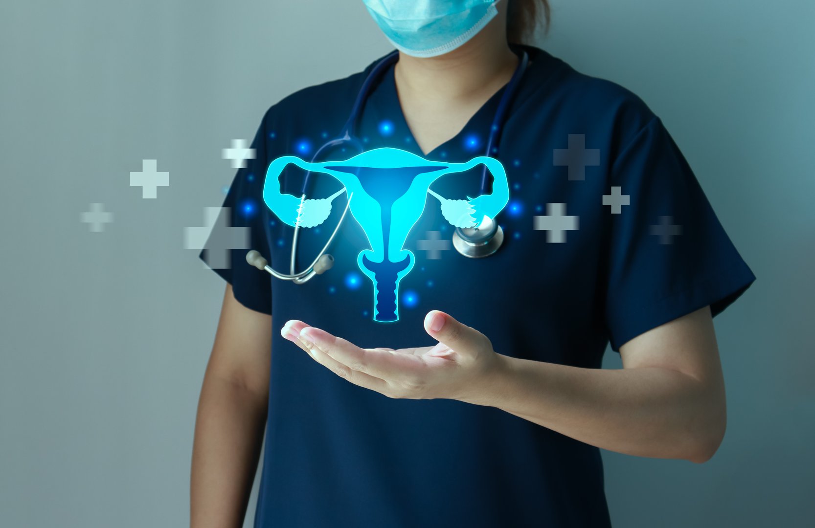 Female doctor hold a virtual of uterus. Woman healthcare, Uterine fibroid, Infertility, Cervical cancer awareness.