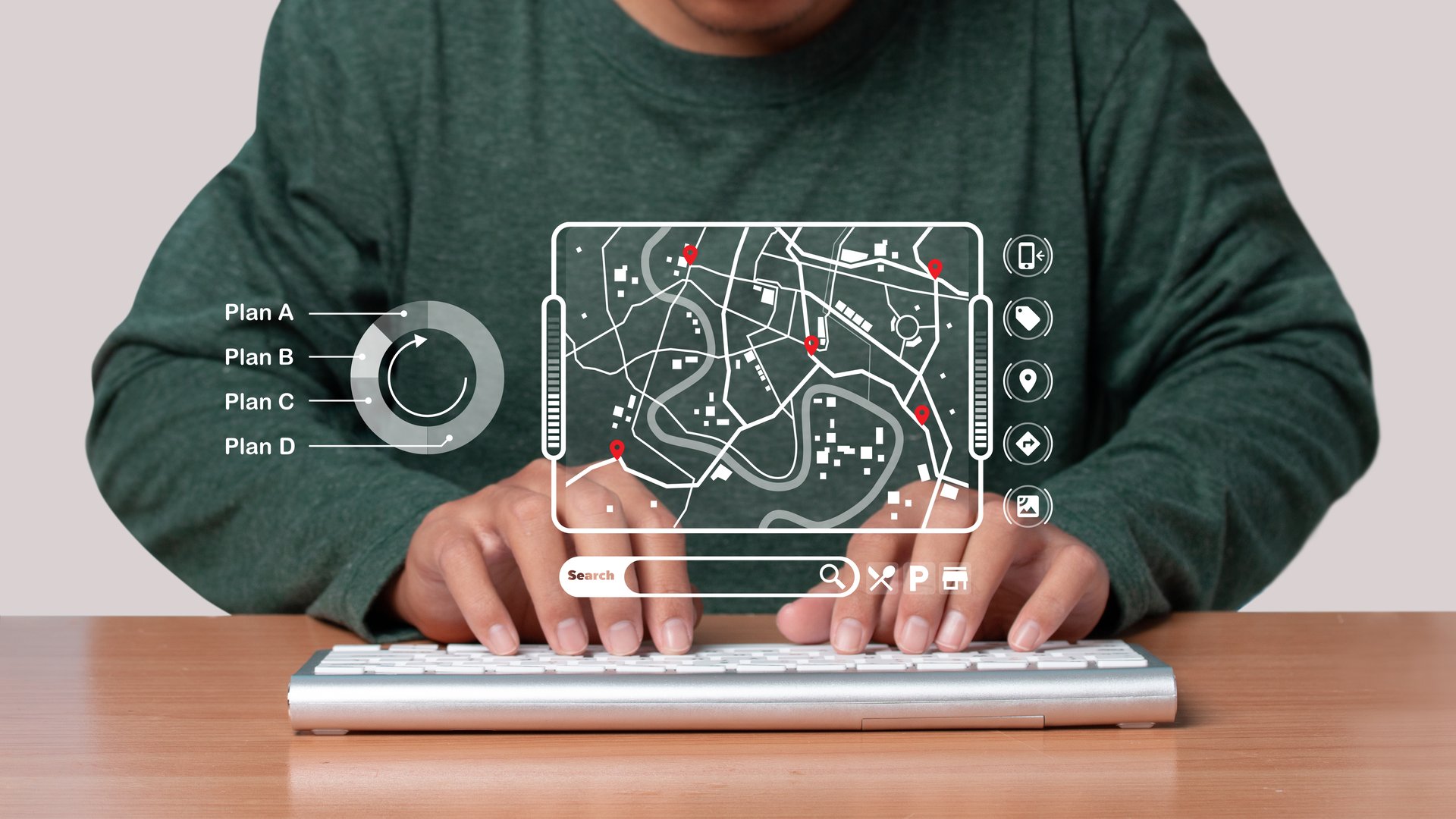 Man using computer keyboard to searching information location point, icon maps and find places in the online system, Connection line over the map, Navigation concept.