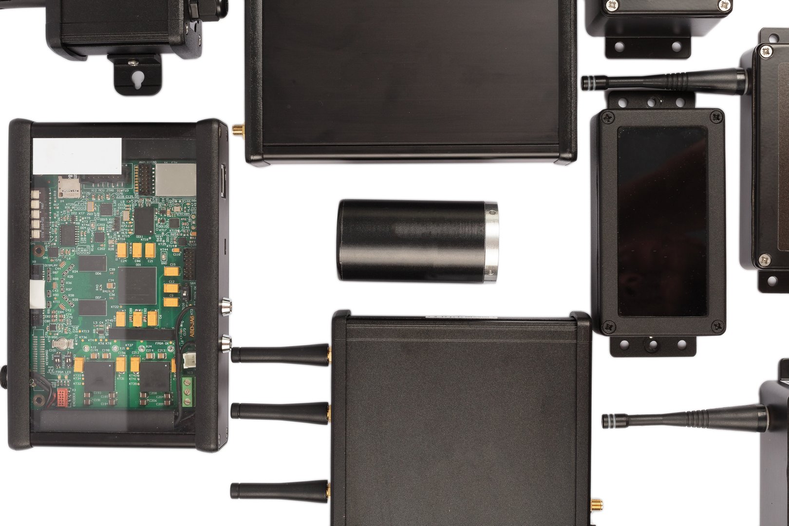 Modern electronic circuits on a white background, a set of various devices.