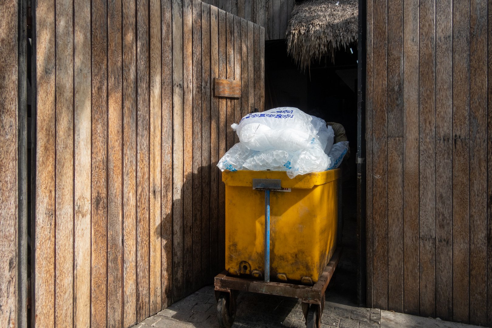 Canggu, Bali, Indonesia,  A trolley carrying bags of ice with the ice symbol into the back entrance of a restaurant.