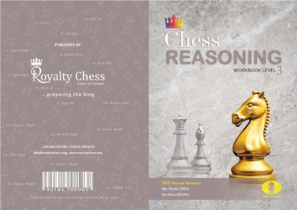Chess Reasoning Workbook Level 3 cover featuring a gold knight chess piece and two silver pieces on a gray background.