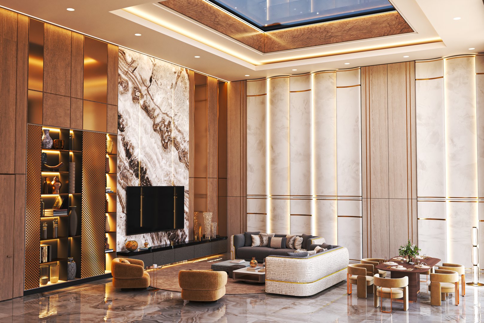 A stunning living room featuring a marble accent wall, warm wood paneling, and soft ambient lighting. The elegant design includes a plush sofa, stylish decor, and a sophisticated dining area.