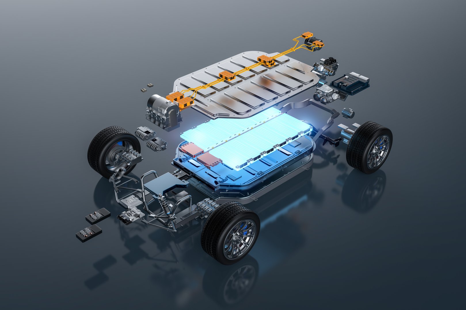 3d rendering explode view of ev car with glowing battery element and undercarriage isolated on white
