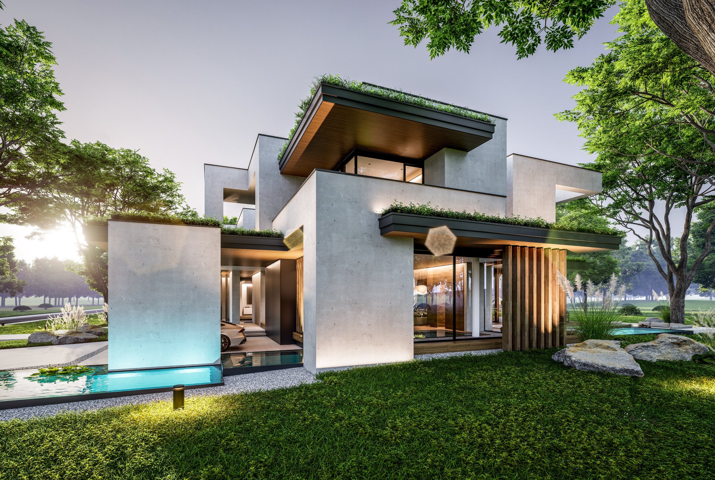 Modern two-story house with concrete facade and pool