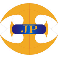 Logo with two white arcs forming an eye shape, a blue oval with "JP" in yellow at the center, on an orange circle background.