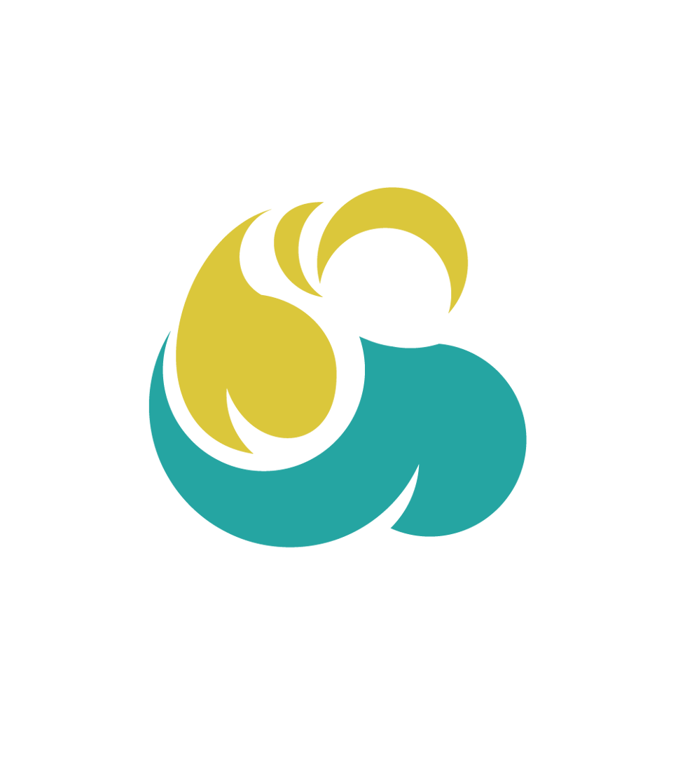 Abstract logo with yellow and teal swirl shapes intertwined on a transparent background.