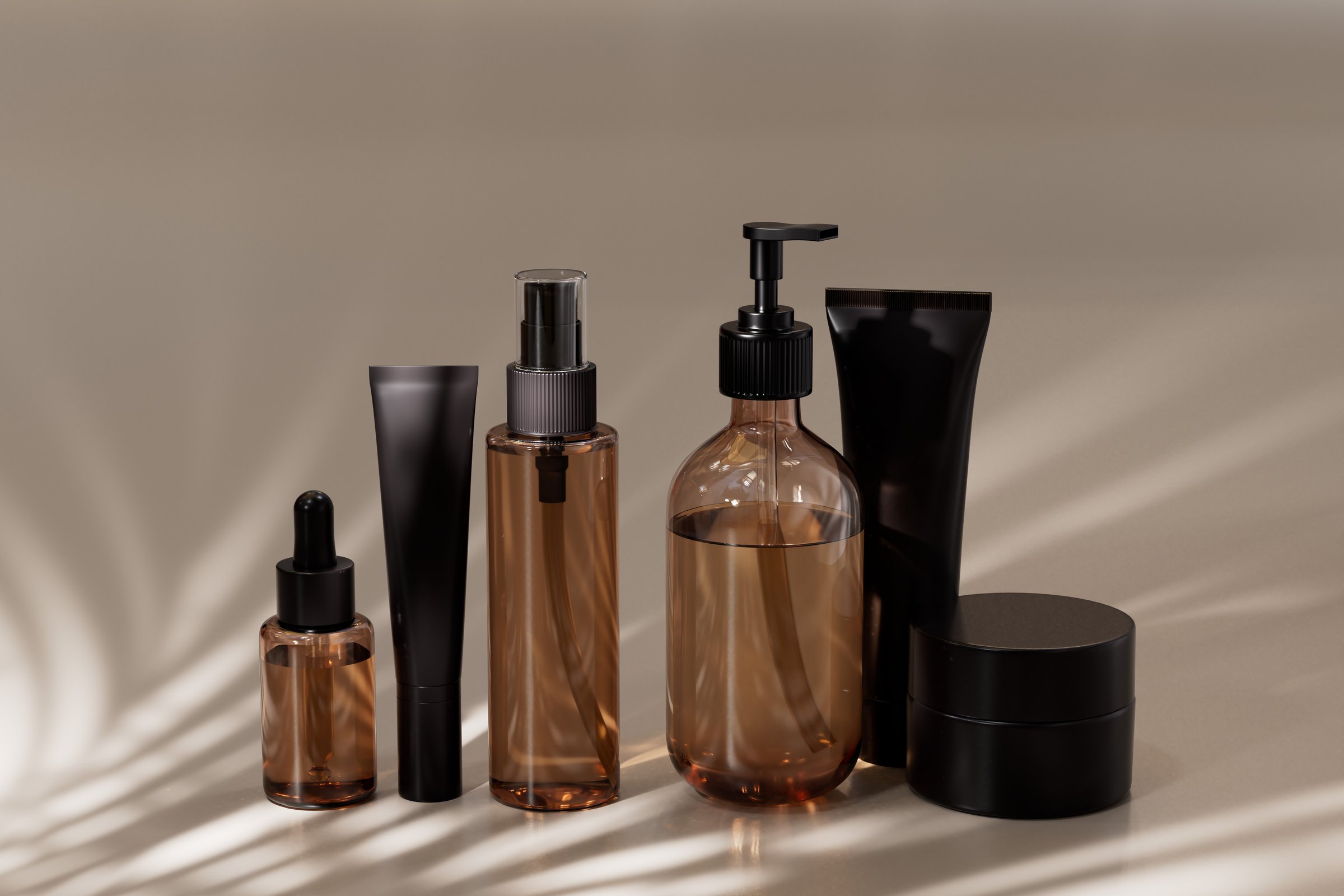 Skincare routine cosmetic background. 3d rendering bottle, tube, cream jar with face serum, essence, cleanser, mask, sunscreen and moisturizer beauty products