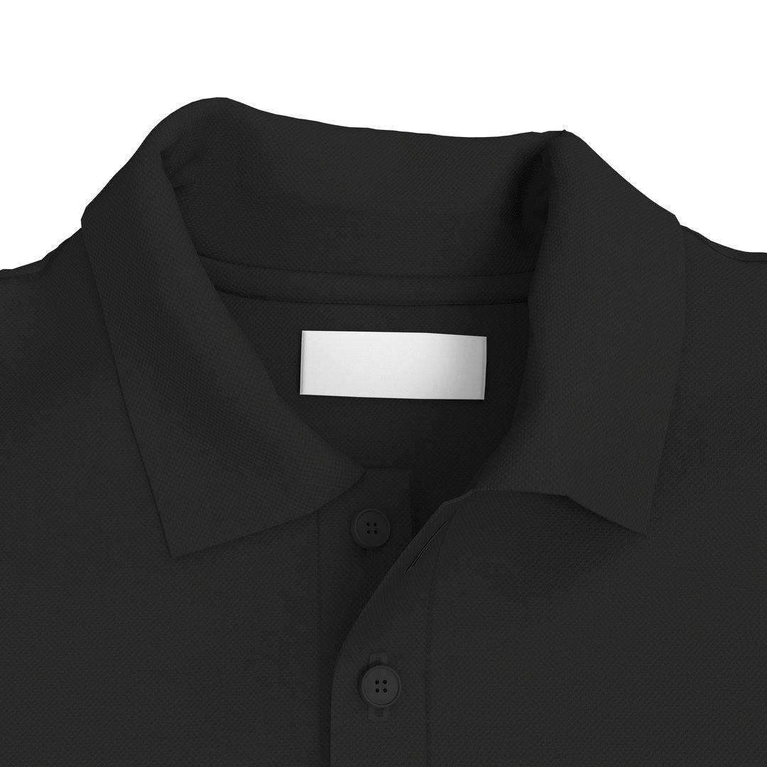 A realistic 3D render of a brand label mockup displayed on a polo shirt close-up.