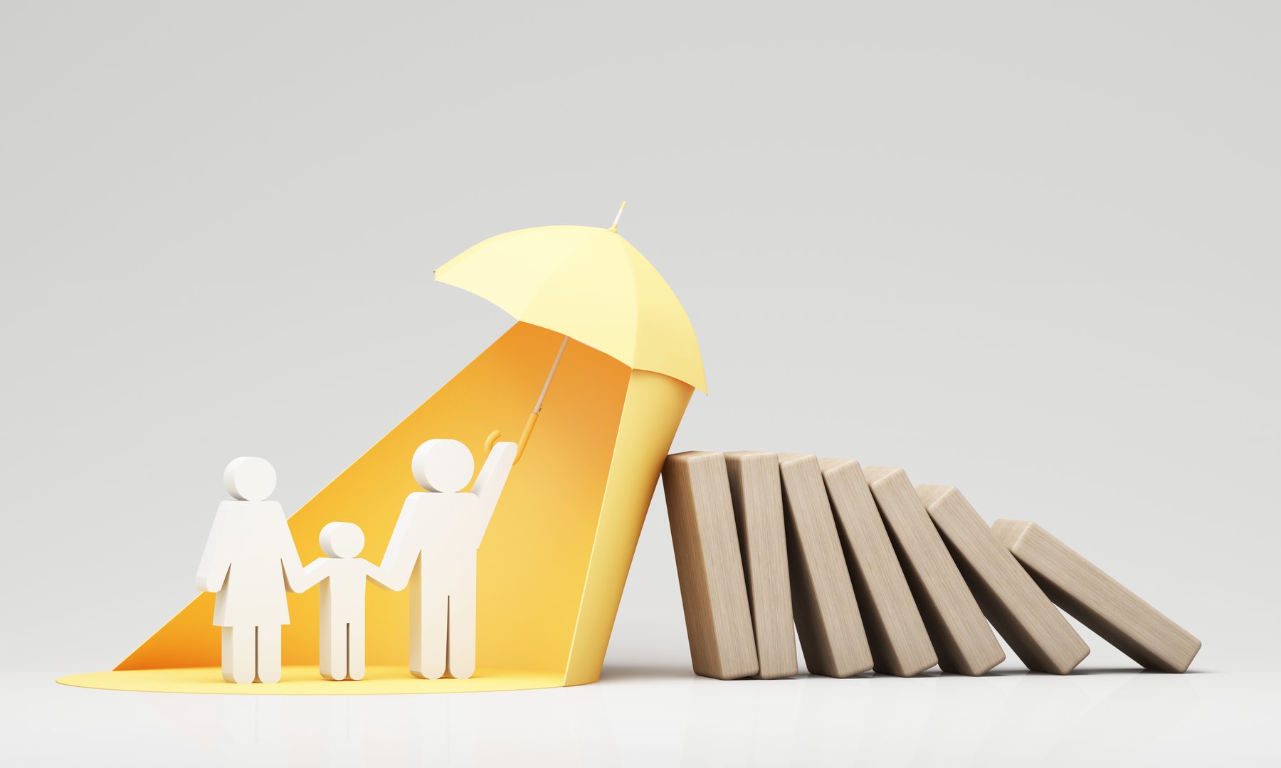 Family insurance concept with paper figures of parents and child under a yellow umbrella, shielding them from falling dominoes, symbolizing protection against risks. 3d rendering