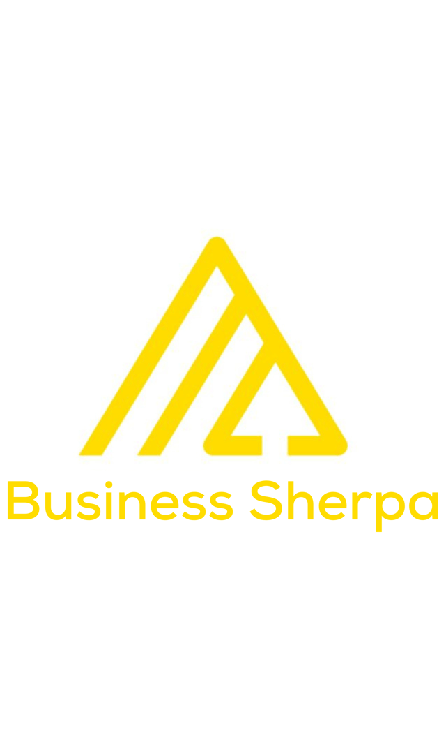 Yellow triangular logo with overlapping lines above the words Business Sherpa on a white background.