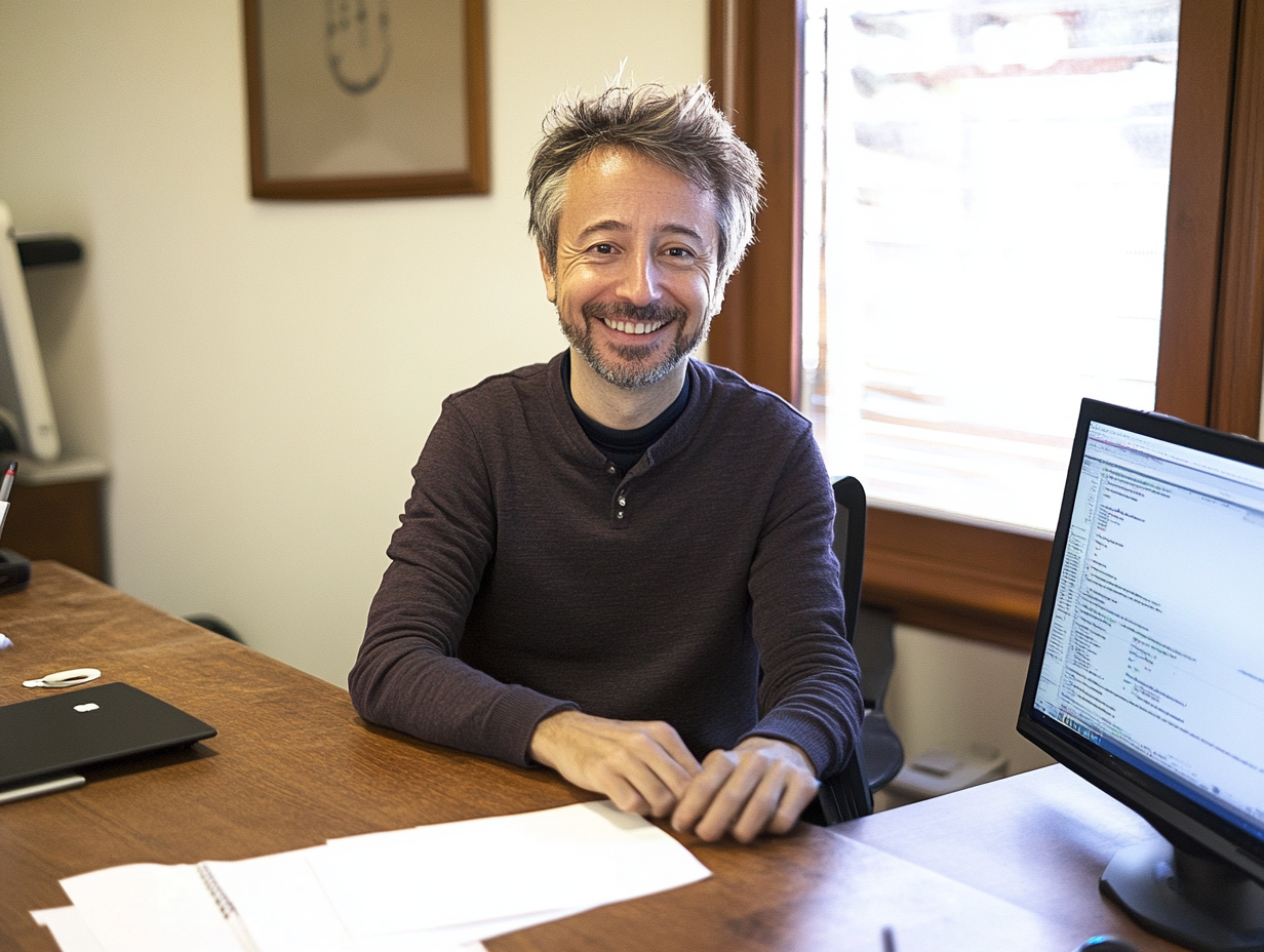 A man with gray hair and a beard smiles while sitting at a desk with a computer monitor and papers.