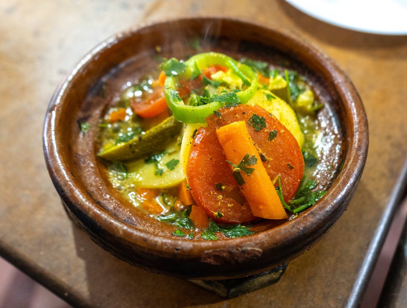 Moroccan Tajine Meat Stew, Traditional Morocco Tagine, Arabic Marqa, Moroccan Lamb Tagine Food Dish on Restaurant Ceramic Plate at Authentic Local Eatery