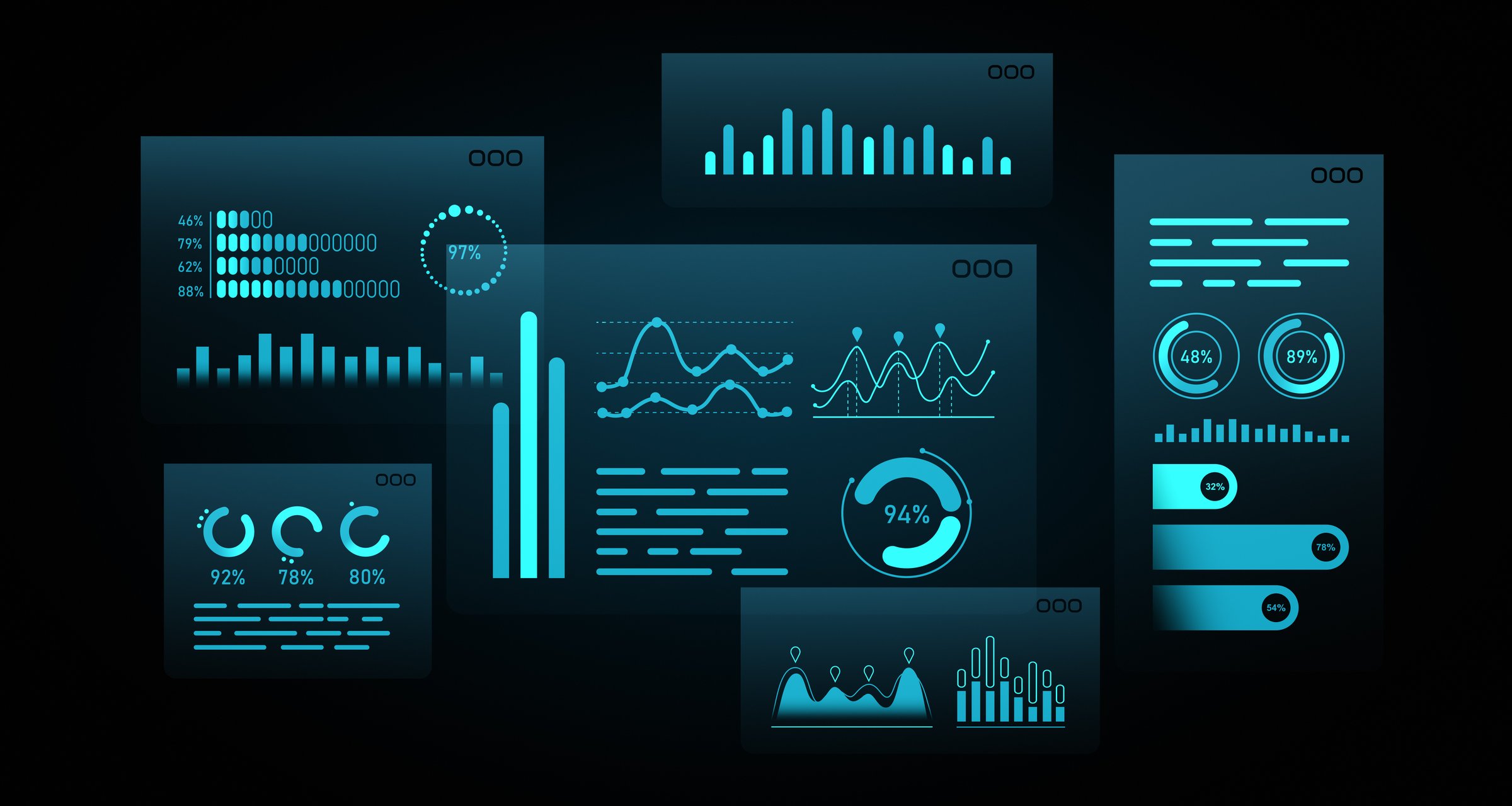 Futuristic glowing charts and graphs in a 3D rendering style, displayed on a dark background. Concept of financial data visualization and analytics