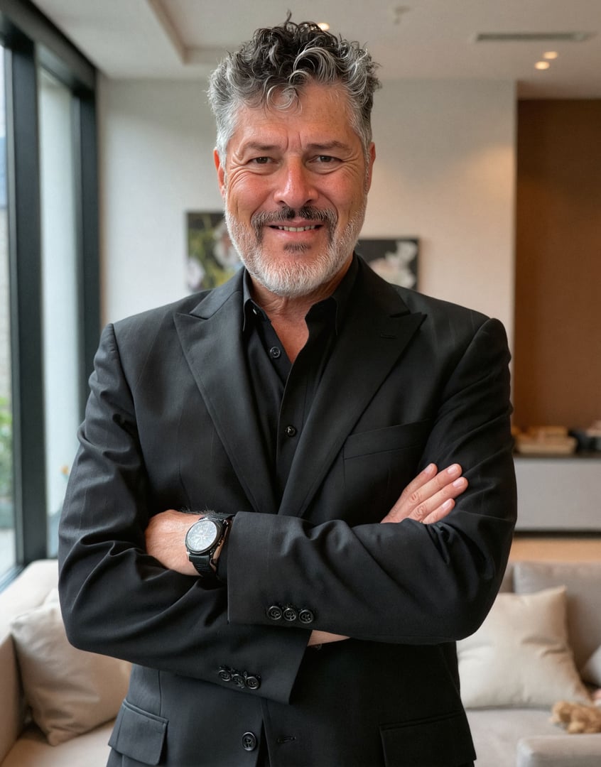 Happy handsome Hispanic business leader man standing in modern stylish office workspace alone, posing with arms folded confident gesture, looking at camera, smiling. Front banner portrait