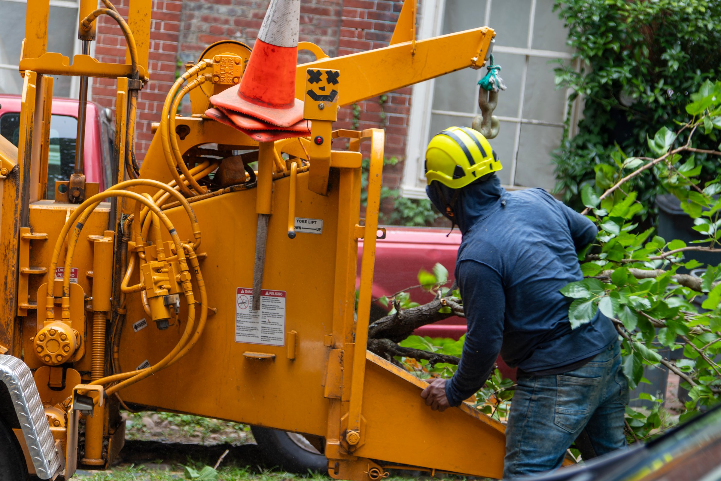 A professional tree removal worker wearing safety gear feeds branches into a yellow industrial wood chipper during yard cleanup. The worker wears a helmet and a protective hoodie, while the wood chipper is stationed near a red vehicle and residential brick building. The scene reflects urban landscaping, manual labor, and professional tree services.