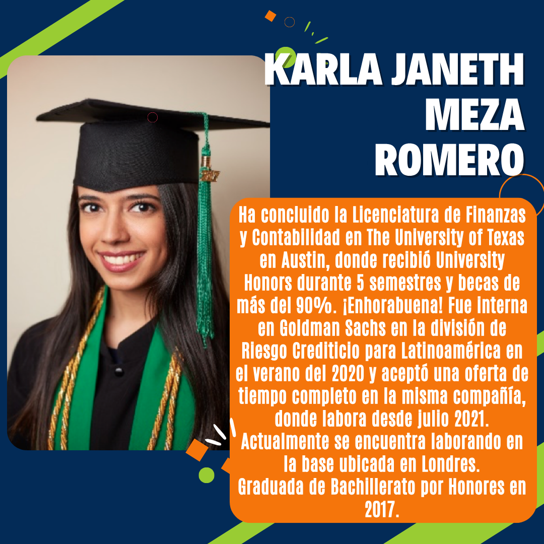 Graduate in cap and gown with academic achievements and career details in finance and accounting displayed beside her.