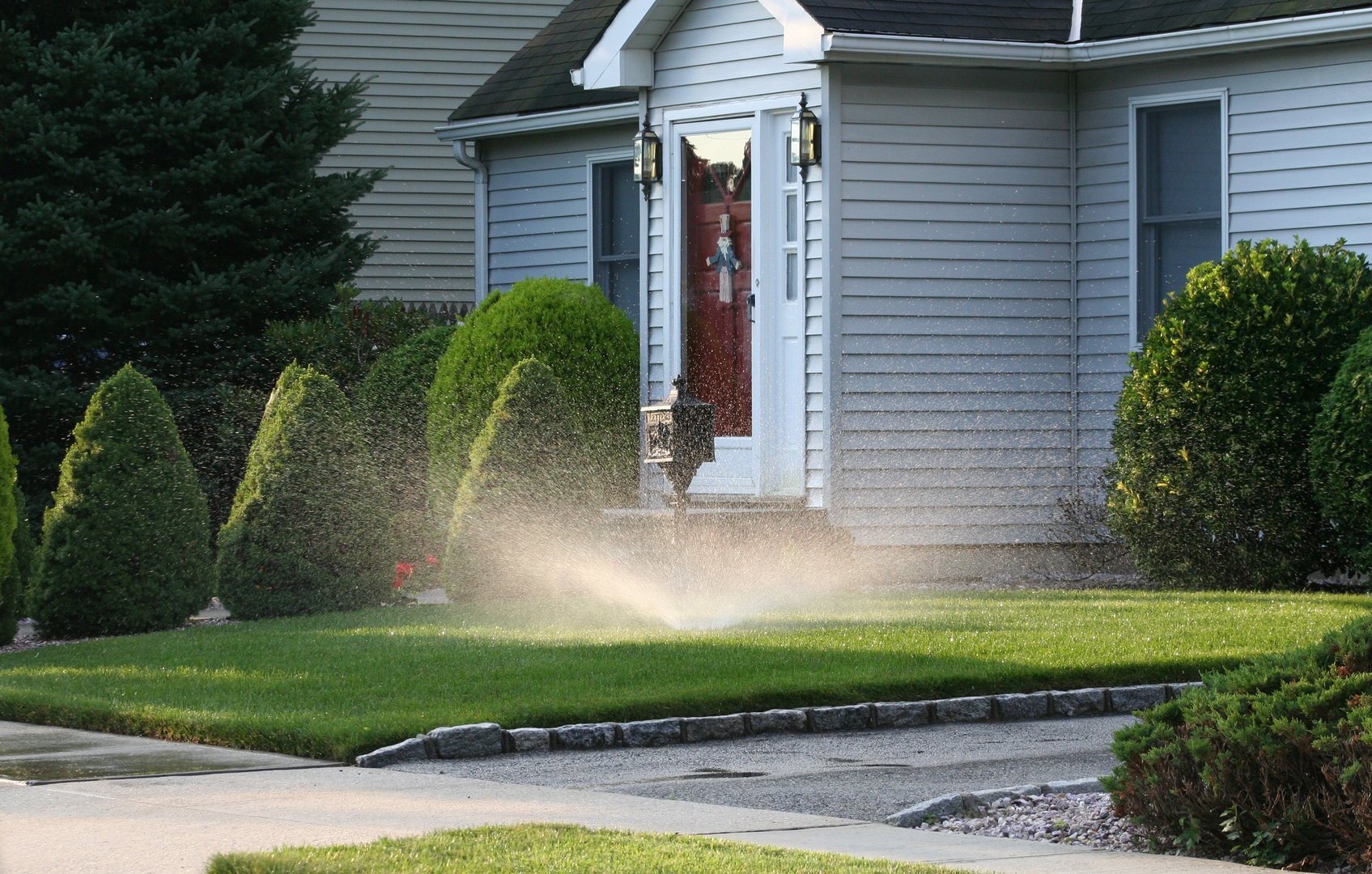 morning sunlight shining through spray of lawn sprinkler