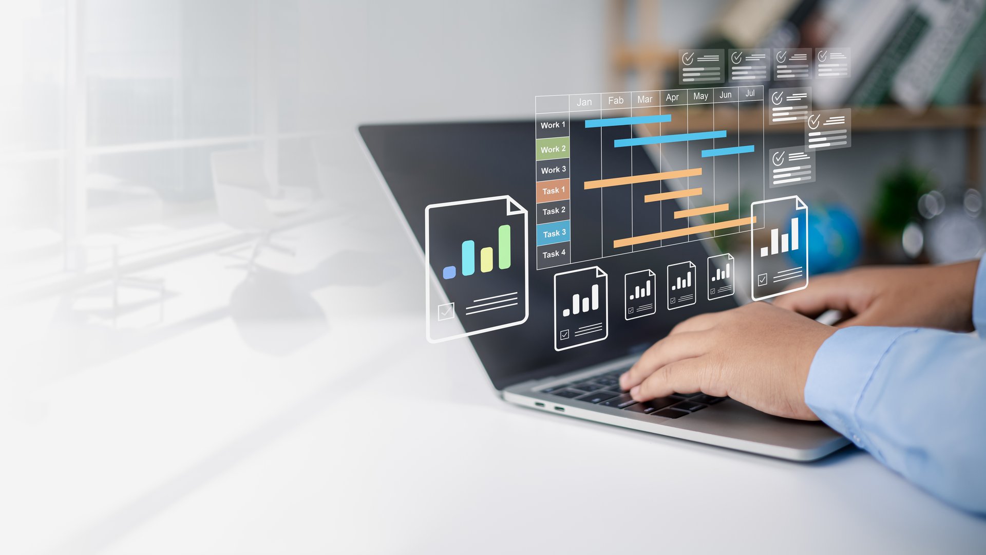Planning software, Project management tool and work schedule concept, Businessman use laptop to manager working projects and update task with gantt chart schedule to Business plan and progress.