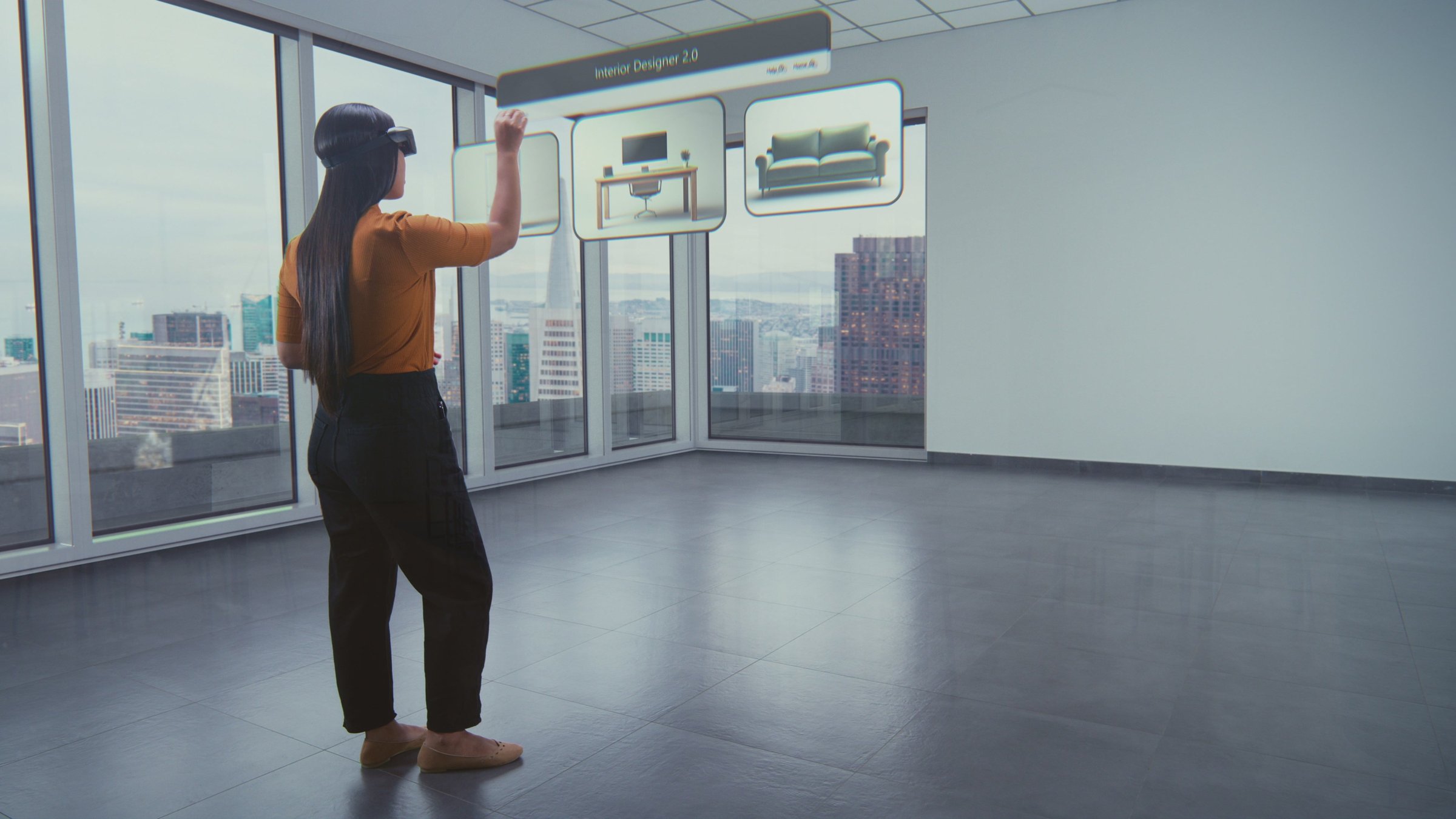 Asian female designer wearing virtual reality headset uses AI augmented reality interior design app to arrange office workspace or stylish apartment with 3D furniture and equipment. 3D visual effects.