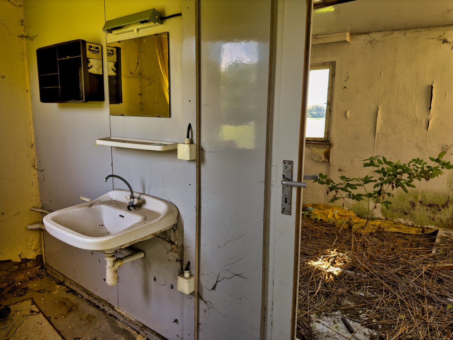 Abandoned, former holiday village Grabow in the south of the Zudar peninsula on the island of Rügen. A holiday home in the former GDR