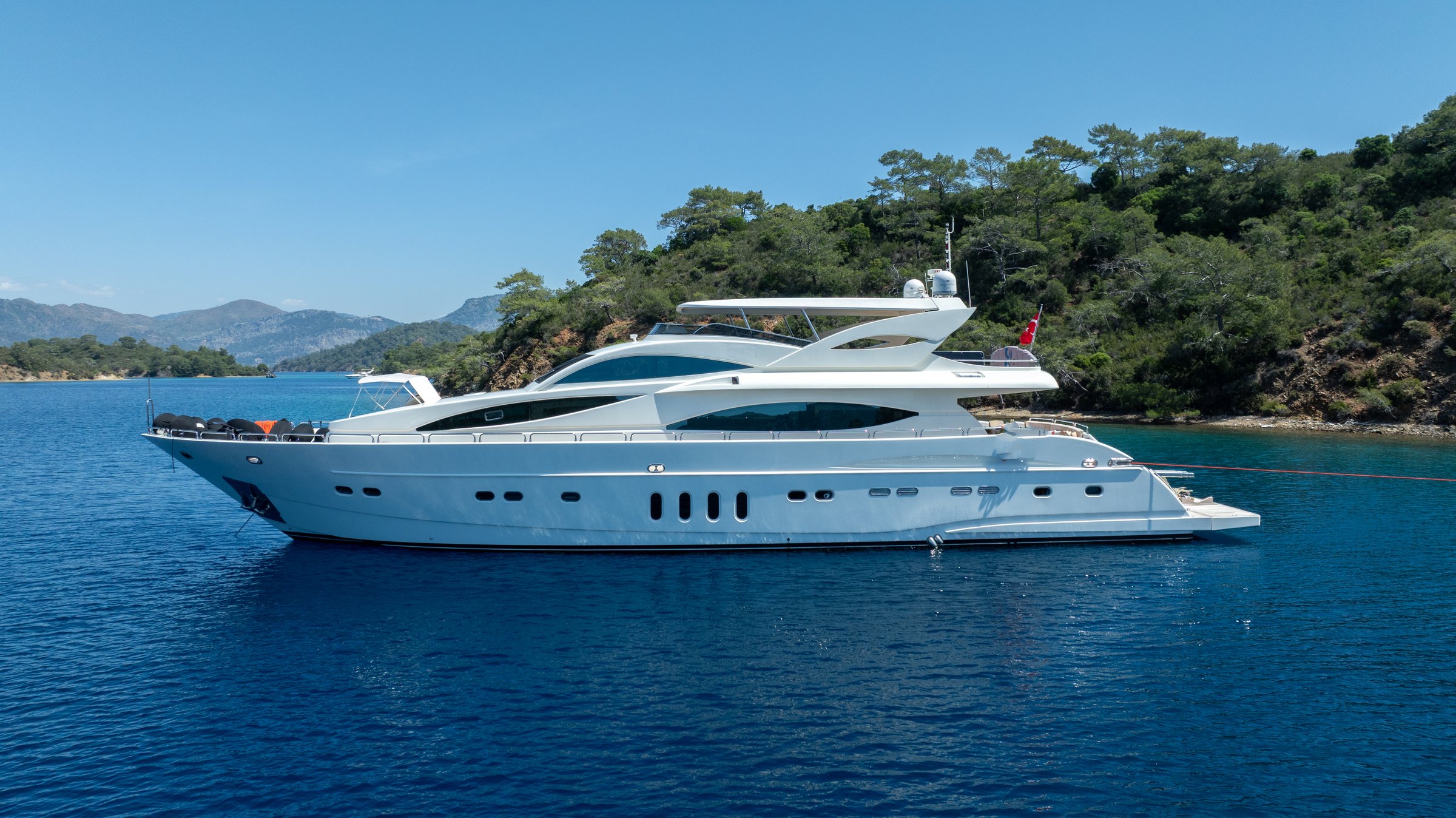 Fethiye, Muğla, TURKEY – September 9, 2025: A luxury white yacht embarking on a serene journey across calm blue seas, representing exclusivity and refined travel.