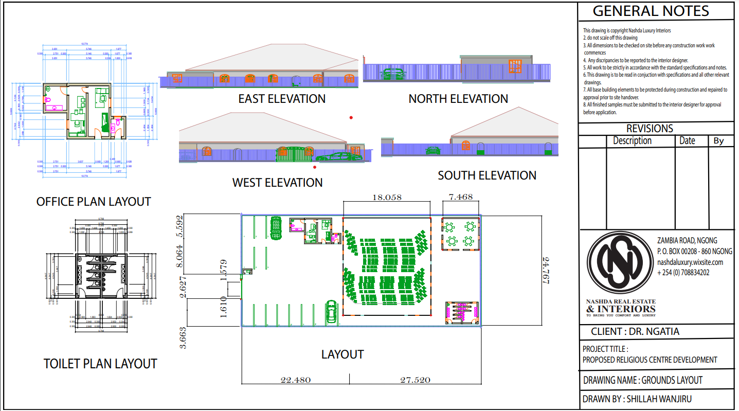 Architectural plans for a religious center, showing elevations, layouts, and sections with notes and dimensions.