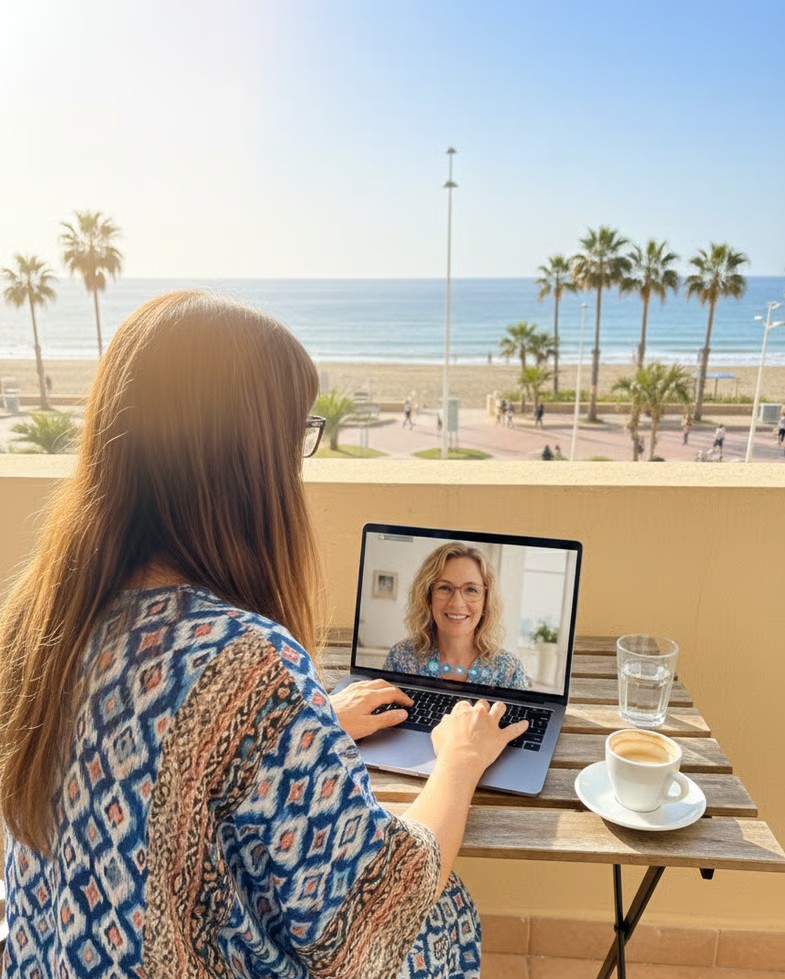 Natasha working on laptop at beach