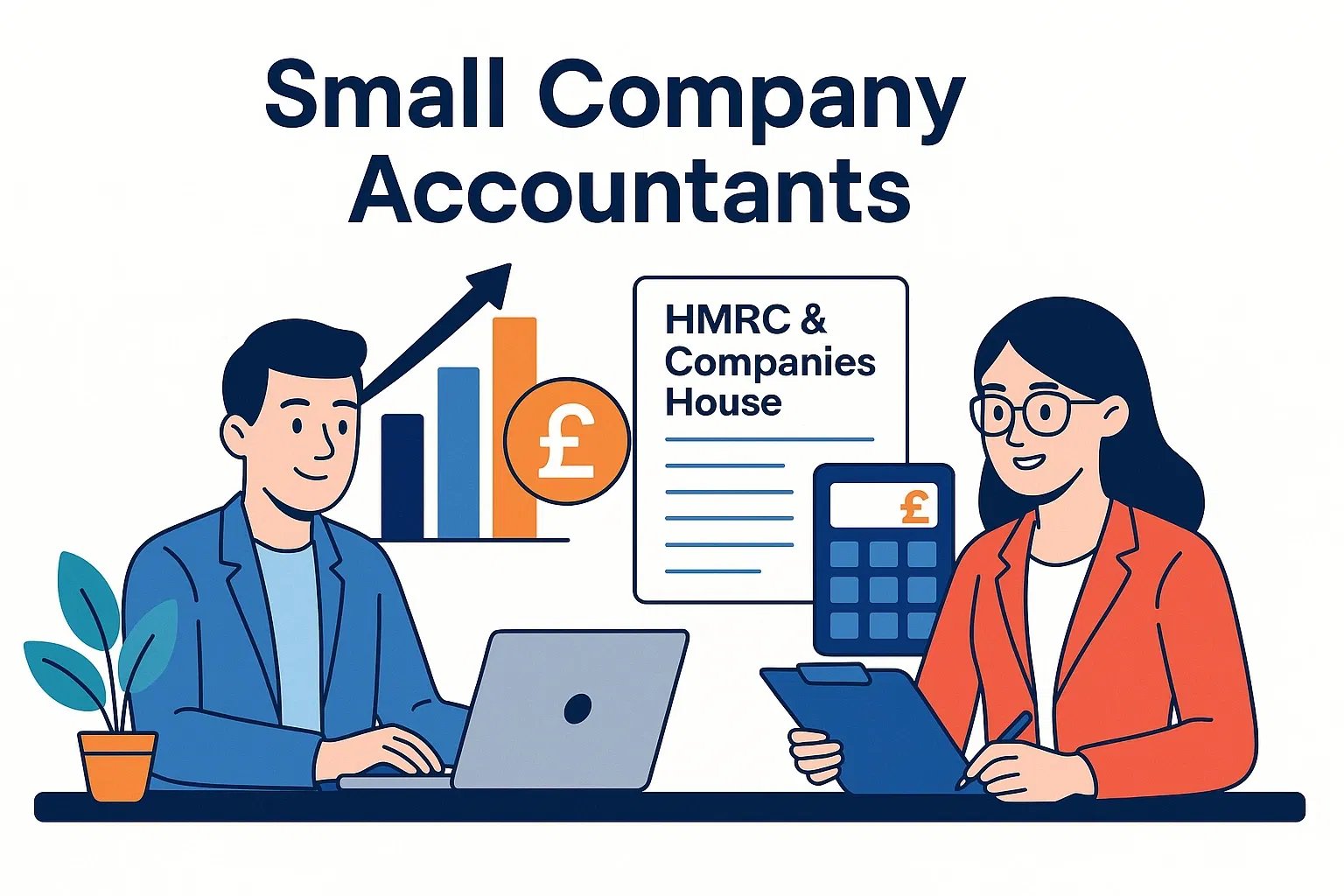 Illustration of two accountants working with laptops and documents, with graphs and financial symbols in the background.