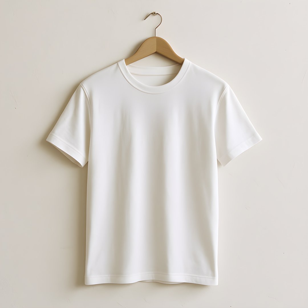 A plain white T-shirt hangs neatly on a wooden hanger against a clean white wall, creating a minimalist and modern look.