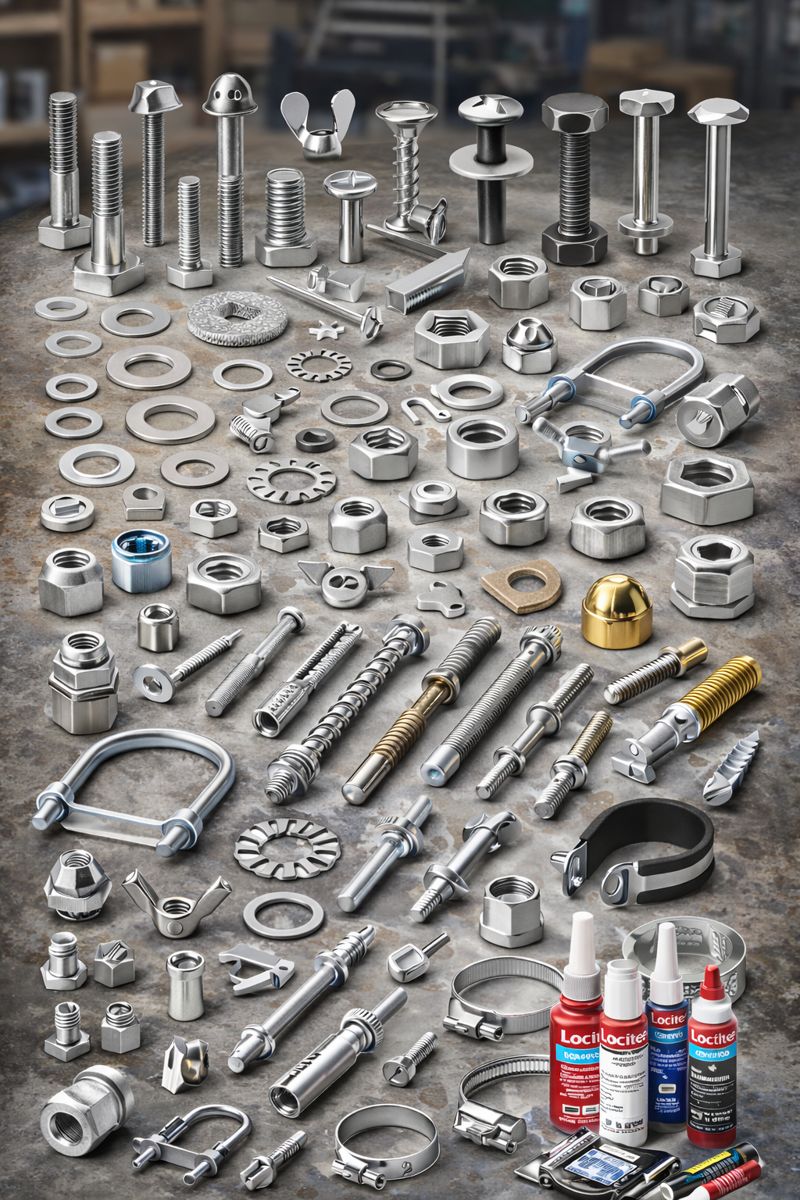 Different metal bolts and nuts on white background, top view