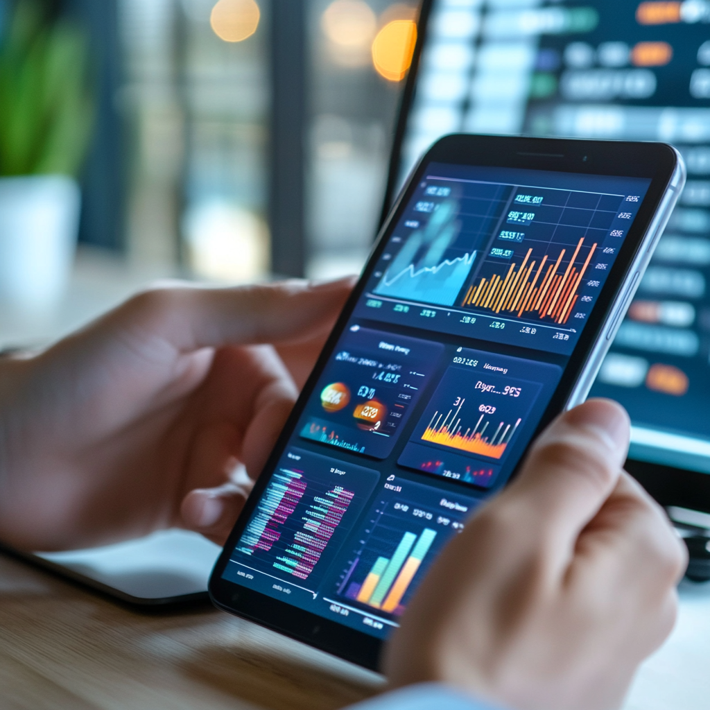 Person viewing financial data charts on a tablet, with additional data on a laptop screen in the background.