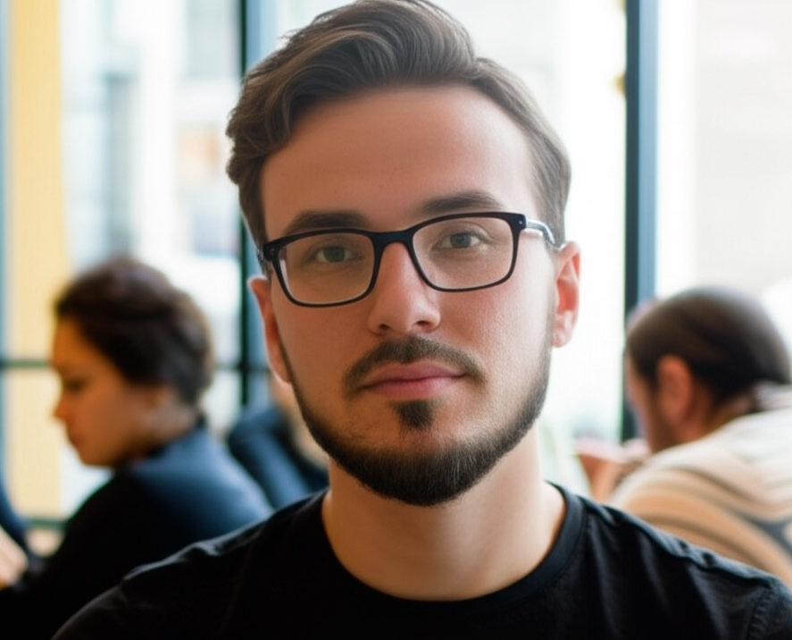 Man with glasses and a beard sitting in a cafe, blurred people in the background.