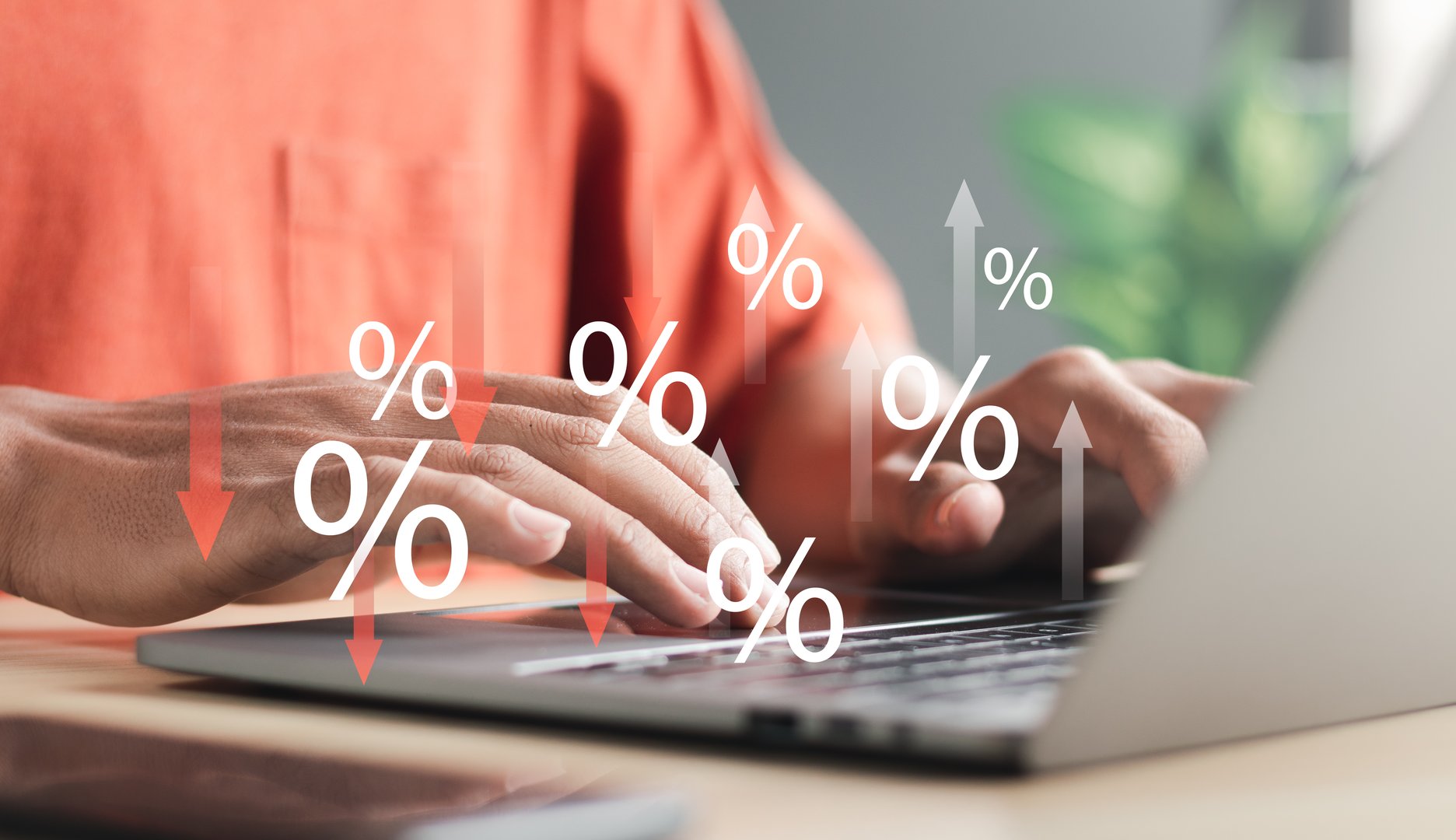 Percentage icons and up and down arrow icons with graph indicators on interface icons. Concept of financial interest rates and mortgage rates. Interest Rates Stocks Finance Ratings Mortgage Rates.