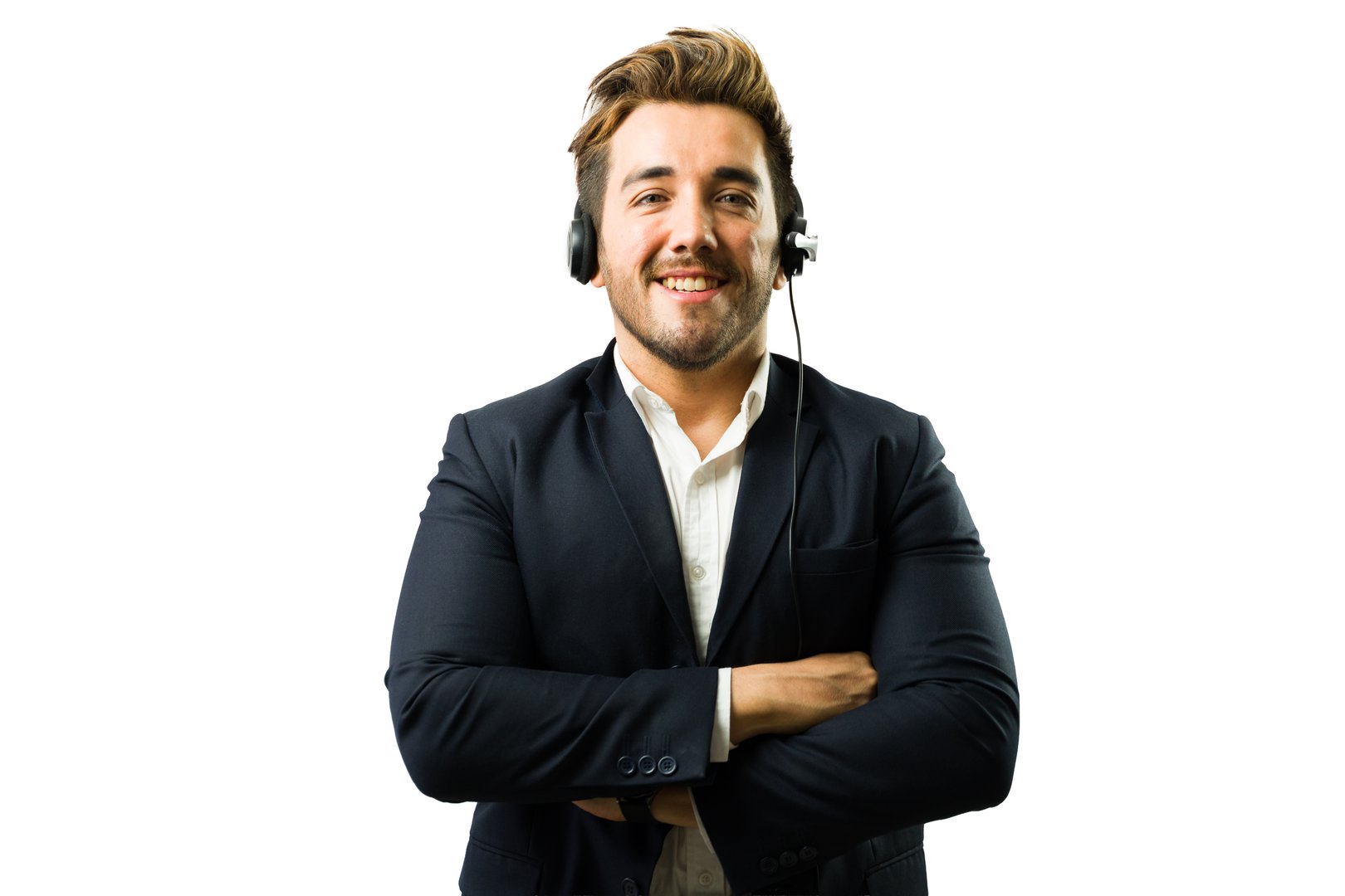 Portrait of a cheerful customer service representative wearing a headset and smiling with crossed arms on a white background