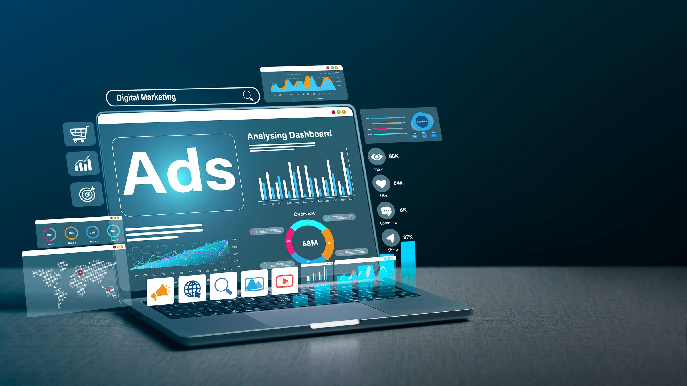 Digital marketing Dashboard on laptop computer to commerce online sale concept, strategy analysis online advertisement, ad on website and social media. Ads and seo concept