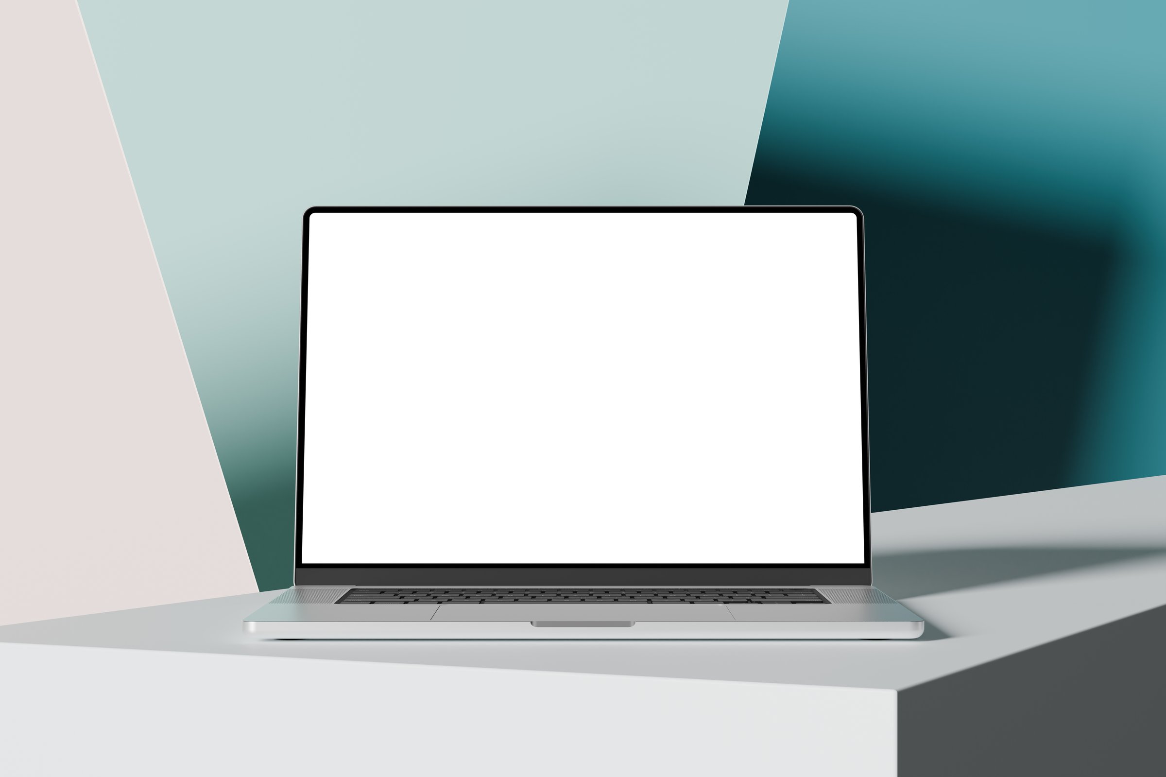 Laptop with a blank screen on a white table, colorful background. A modern scene perfect for placing your own content on the screen. Minimalist and stylish look.