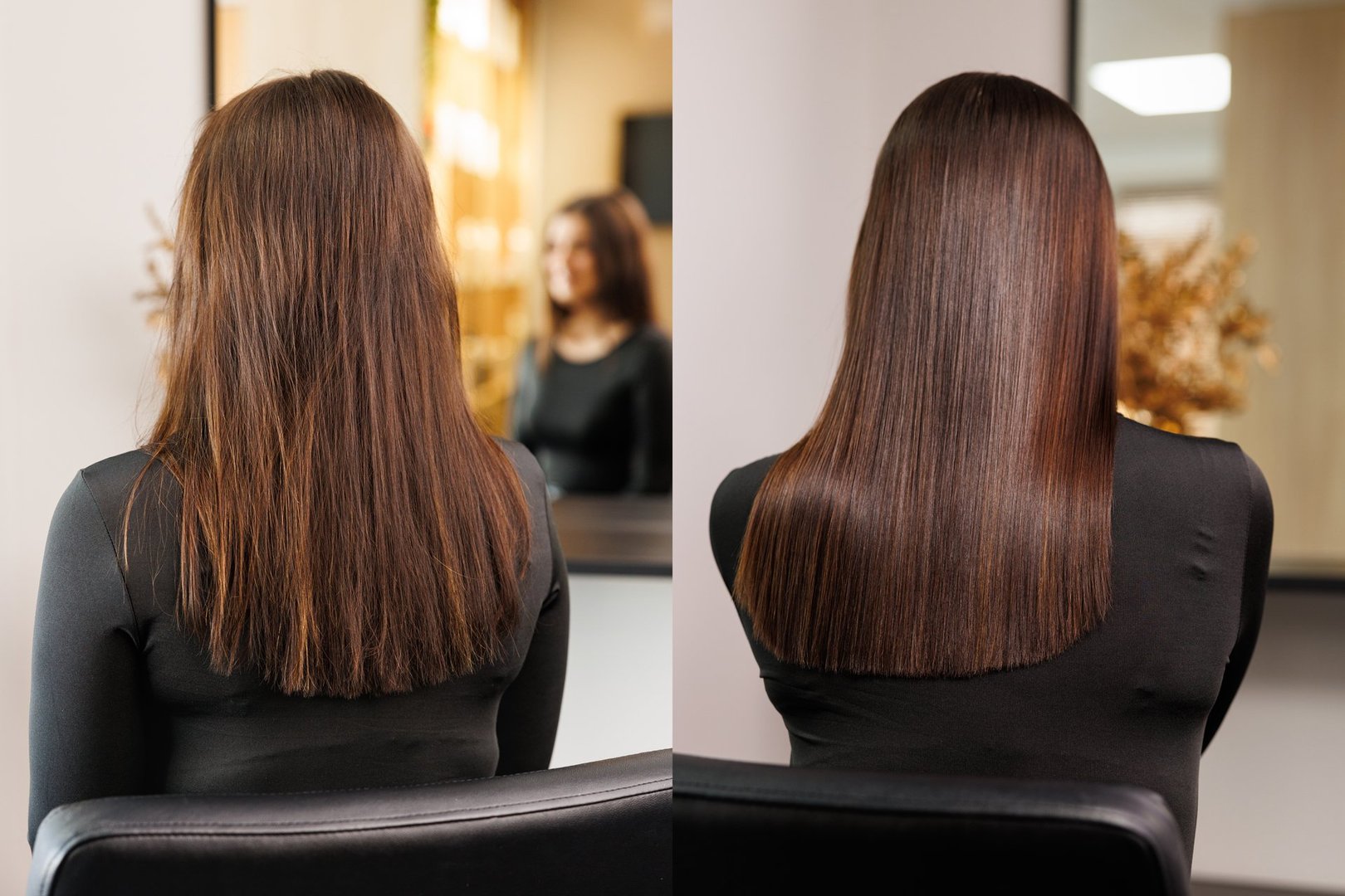 Before and after the straightening procedure with keratin, botox or brazilian special procedure for brown hair. High quality photo