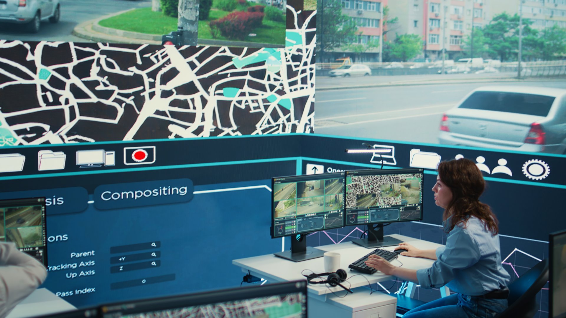 Cargo shipping agency employees monitoring their cars and drivers to ensure express delivery using the best routes. Diverse team tracing their couriers with gps satellite locating on map. Camera B.