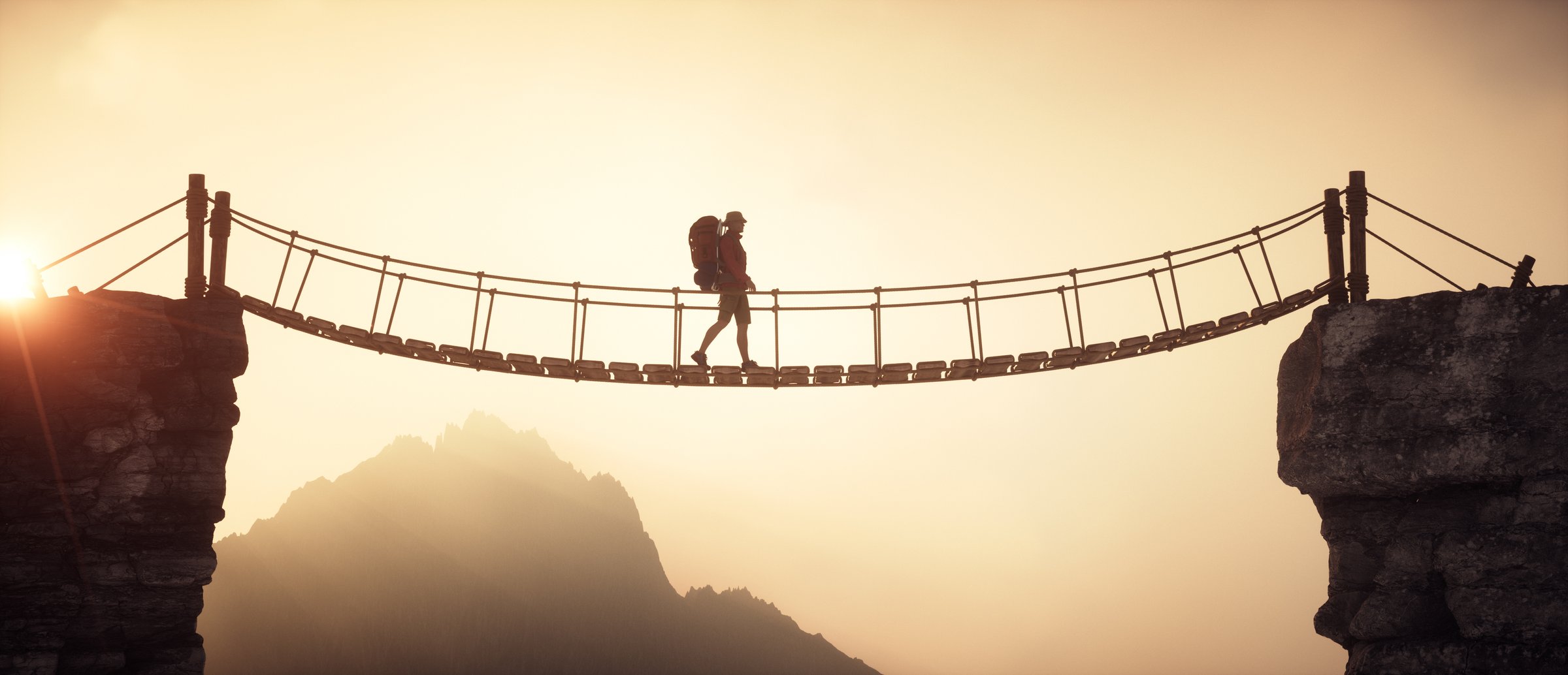 Hiker walking on a suspension bridge between mountains. This is a 3d render illustration