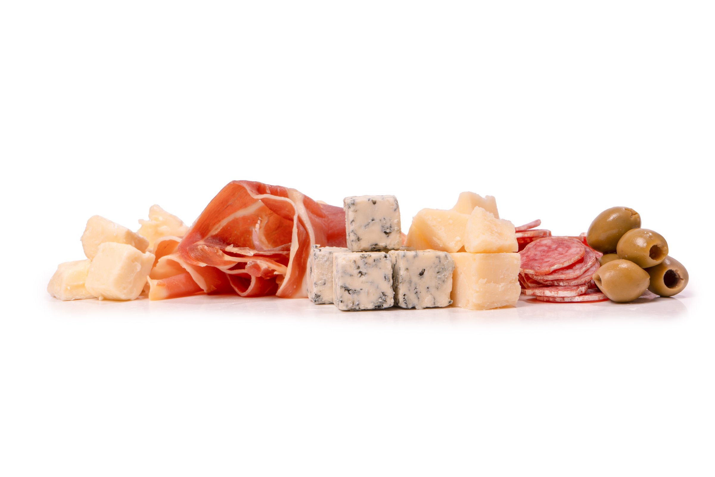 A plate with snacks for wine. Cheese, olives, salami, jamon isolated on a white backgrund.