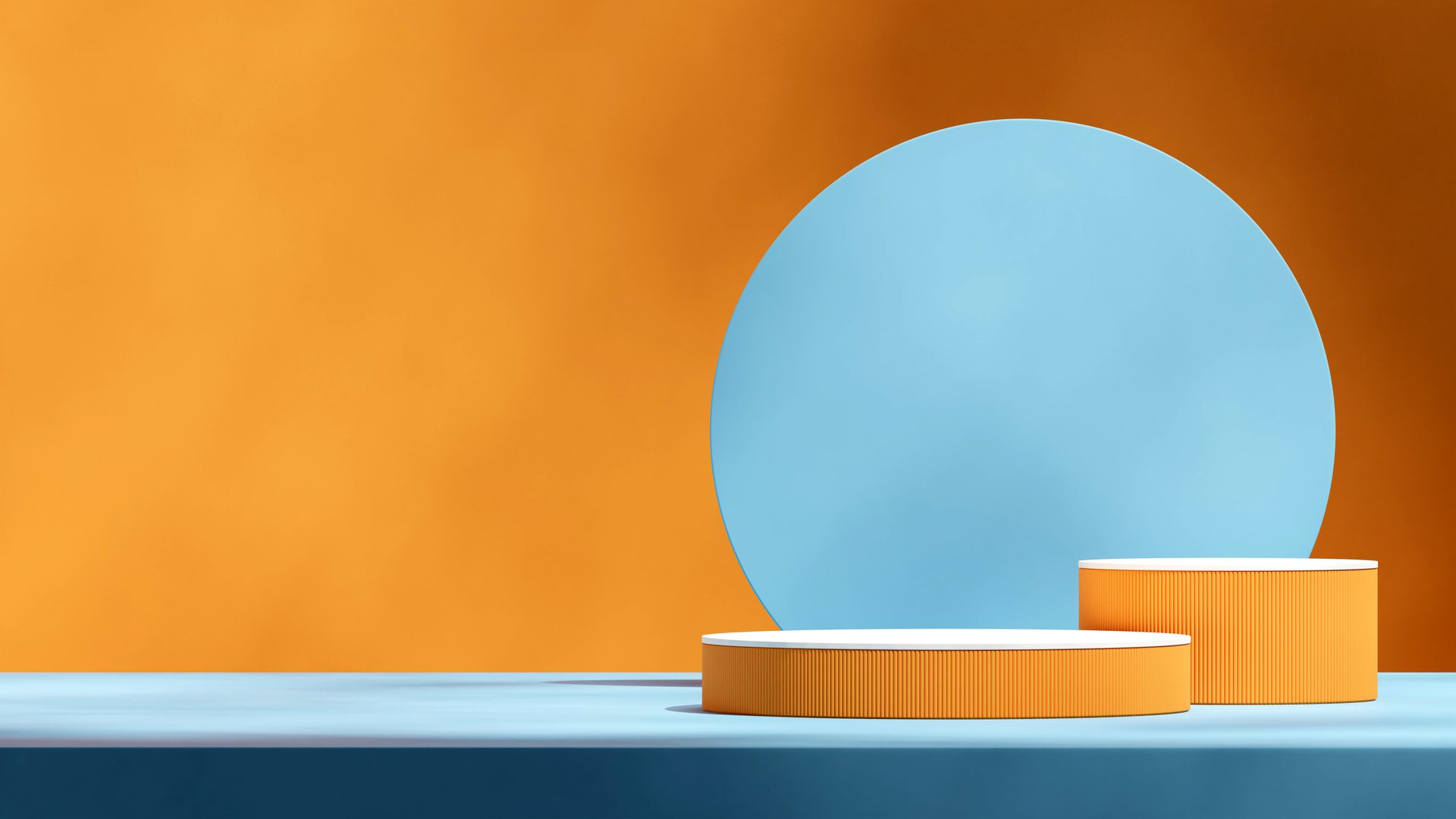 white and orange podium in landscape blue circle shape backdrop, 3d render mockup template