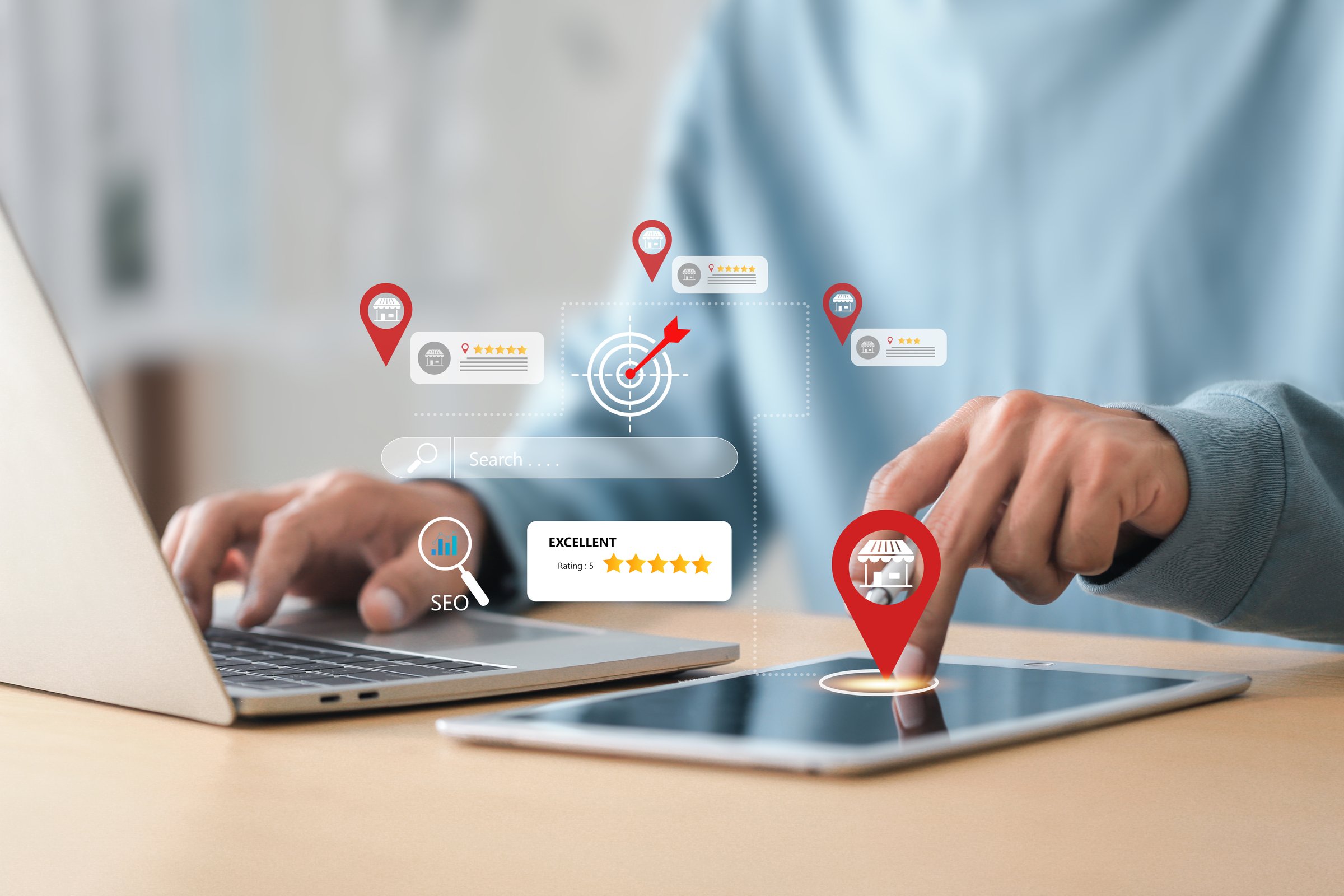 Local search marketing and SEO concept , Businessman using laptop and tablet search location technology, customer review management, SEO insights and business data analysis
