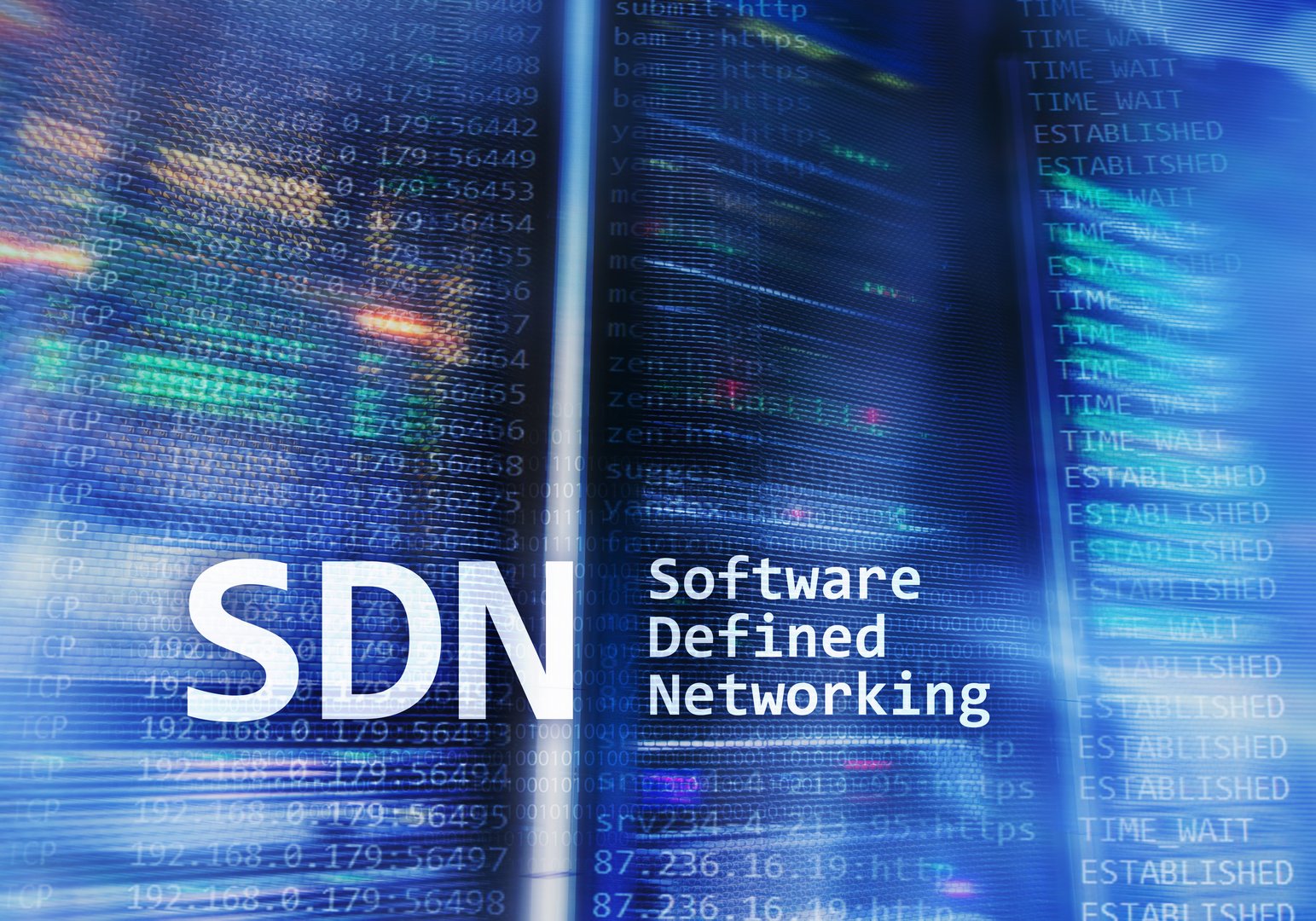 SDN, Software defined networking concept on modern server room background.?